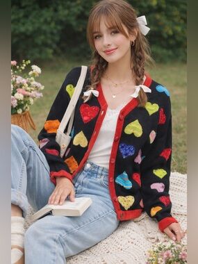 Vintage 90s Black Heart Cardigan Colorful Embroidered Grannycore Cottagecore